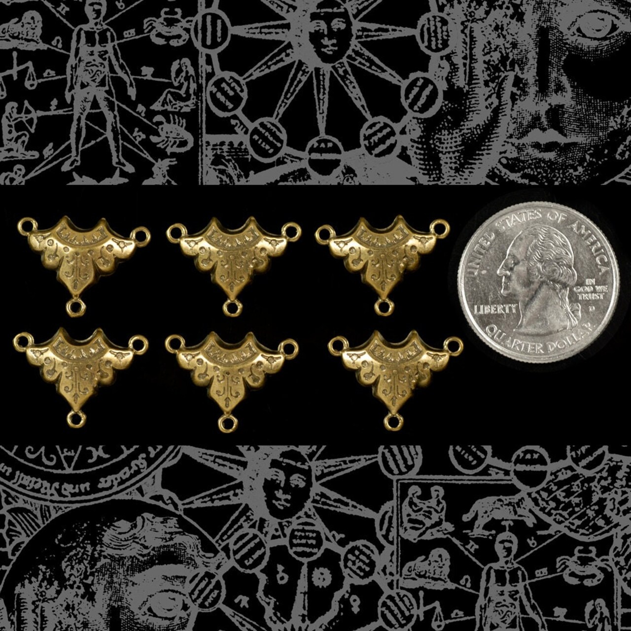 Antiqued Brass Art Deco Puffed Triangle Three Way Connectors - Set of Six - AB-3C08